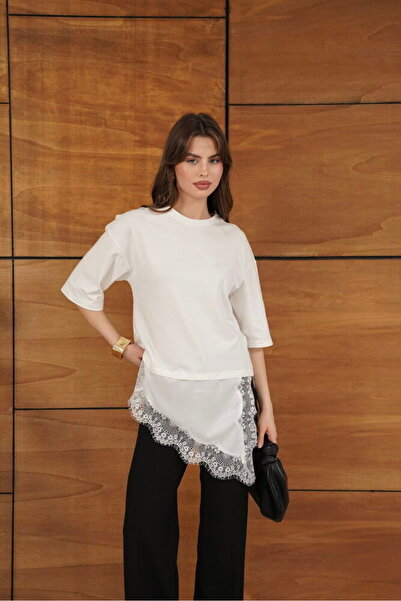 Lady Pixie Lace Asymmetrical T-Shirt with Satin Detail