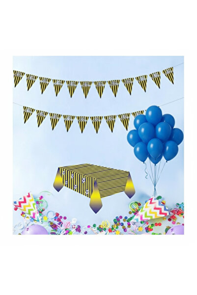 Umamiçe Yellow Navy Blue Party Set – 10 Blue Balloons + Streamer + Tablecloth