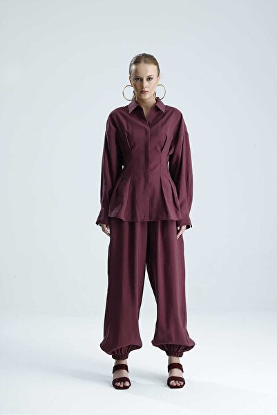 GACA COLLECTION Agapi̇ Plum Belted Shirt and Shalwar Trousers Set