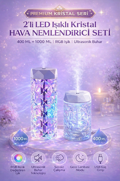 Berdina Home 2’li Kristal LED Işıklı Hava Nemlendirici 400 ML + 1000 ML RGB Ultrasonik Buhar Seti