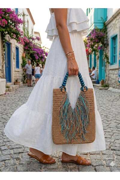 Eylül Deniz Handmade El Örgüsü Alaçatı Stili Püsküllü, Ahşap Boncuk Saplı, Ha...