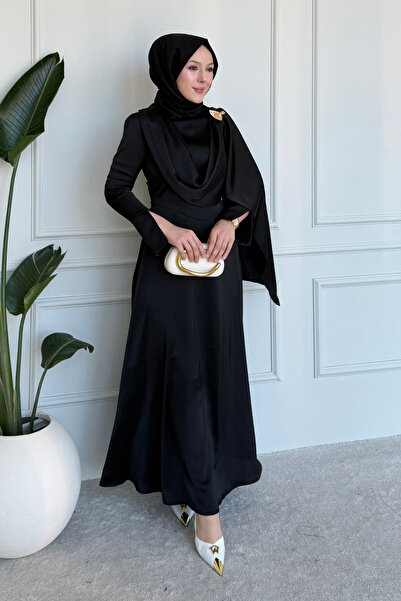 Tesettür Diyarı Bonna Brooched Satin Hijab Evening Dress - Black