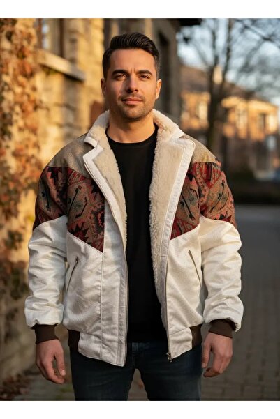 CANMODA (7870) Recien Unisex Fur-Trimmed Yaka Vintage Aztek Jacket Oversized ...