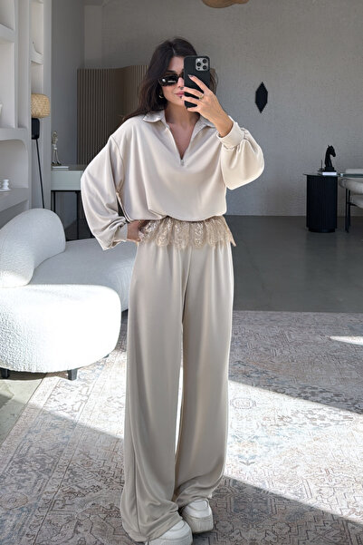 SHILSEE BEUTİQUE Women's Lace Set with Detail Zippers in Modal Colors Beige