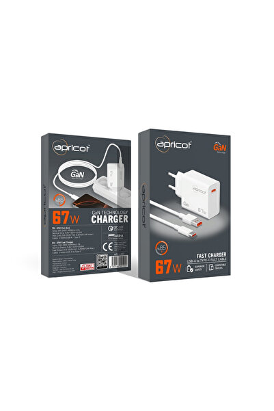Apricot APC-U467 67W GaN TYPE-C Kablolu Beyaz EV/NOTEBOOK Şarj Adaptörü Set
