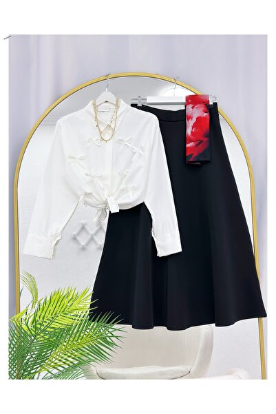 YEDİLALE Bow Detail Short Shirt Puff Scuba Flared Skirt Two-Piece Set [Exclud...