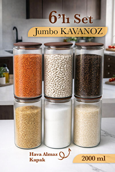 Saule 6’lı Etiketli Cam Kavanoz Seti – Mega Bambu Vakum Kapaklı Çizgili Erzak...