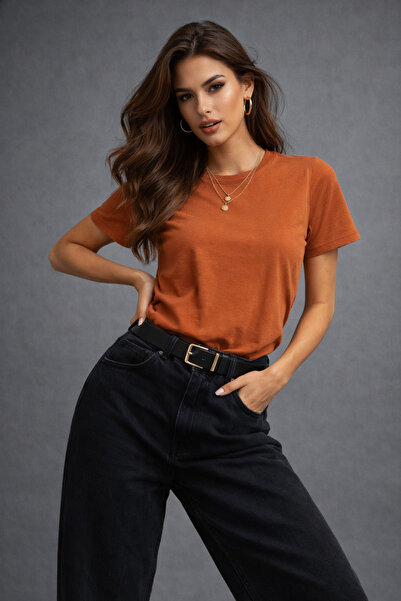 WILD BEE Women's Orange Short Sleeve Crew Neck Interlock Fabric T-Shirt