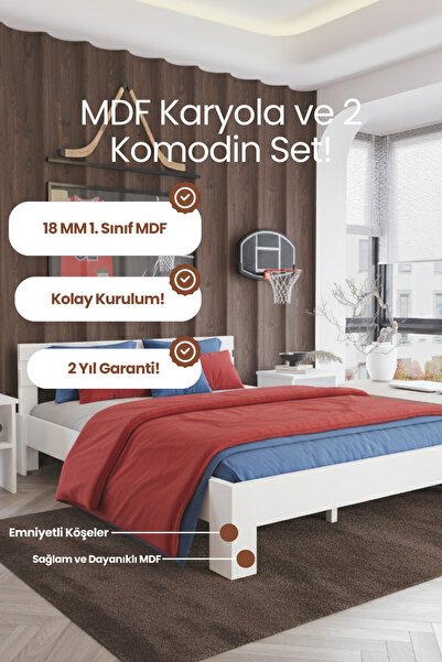 RENAZZO Letto Çift Kişilik 18 mm MDF Modern Karyola ve İkili Komodin Seti