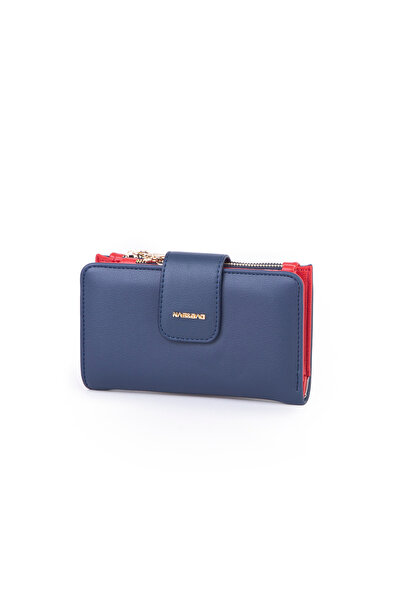 Nas Bag Women's Card Holder and Coin Pocketed Horizontal Wallet Navy Blue Red...