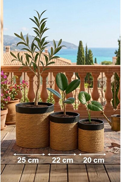 Bayev Hasır Siyah HSR104 3'Lü Saksı Set - Doğal Hasır Siyah Ağızlı Silindir S...