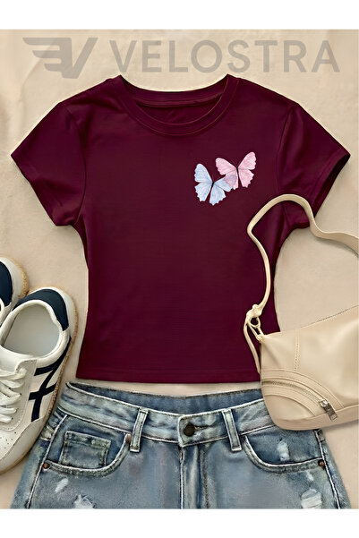 Velostra Butterfly pentru femei cu imprimeu basic Utilizare zilnică crop tricou