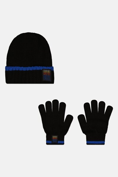 Dkny Jeans Kids Girl 2 Pcs Corchet Beanie And 1 Pair Gloves Set, Black