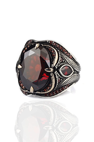 Mirari Jewelry Garnet Taşlı Desenli İşlemeli Erkek Yüzük | Premium 0,40 Mikro...