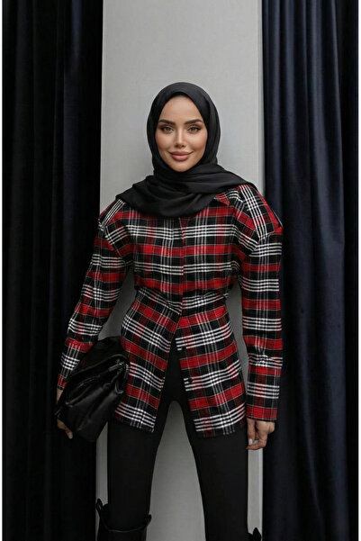 fera butik قميص تونيك نسائي قماش منقش - ملابس محتشمة - أحمر/أسود