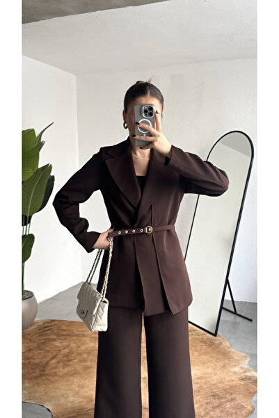 asfamoda Women's Brown Belt Piece Blazer Jacket with Elastic Waist Palazzo Pants Two-Piece Set