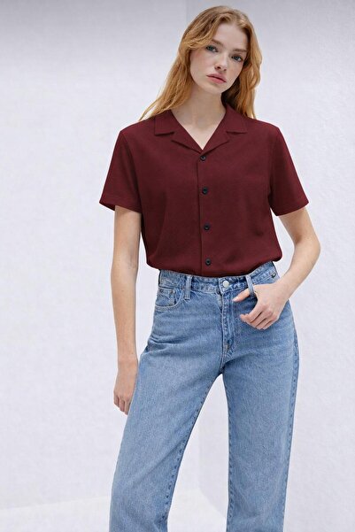 Mavi kadın waflle kısa kollu yazlık gömlek pamuklu rahat kalıp