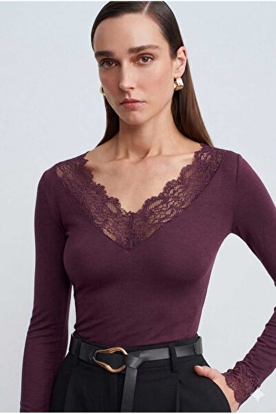 Distimi Dantelli Kaşmir Bluz Koyu Mürdüm