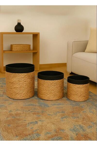 Bayev Hasır Siyah 3 Boy Saksı Set Siyah Silindir Saksılık Hasır Çiçeklik Orga...