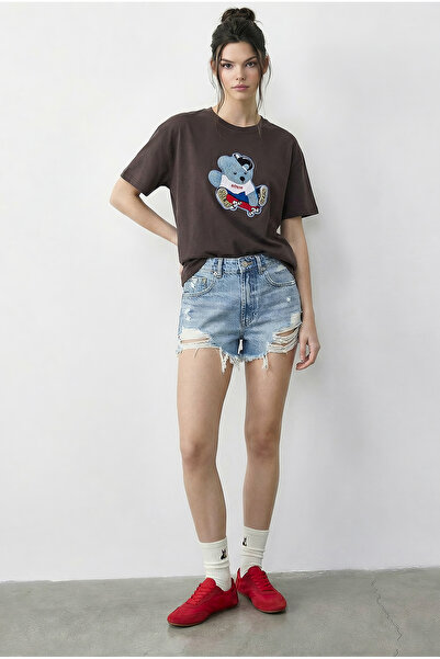 Bianco Lucci Women's Teddy Embroidered Crew Neck Basic T-Shirt 7533 60283952