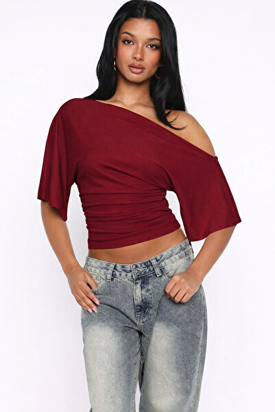 Edela Ασύμμετρο γιακά με κοντό μανίκι Ελαστικό Claret Red Γυναικεία Μπλούζα
