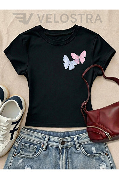 Velostra تي شيرت نسائي من Kelebek مطبوع Basic للاستخدام اليومي بقصة قصيرة