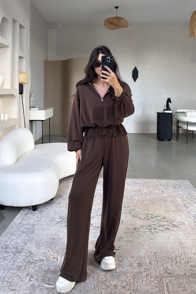 SHILSEE BEUTİQUE Women's Lace Set with Detail Zippers in Modal Coffee Colors