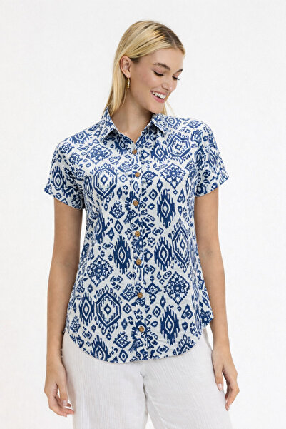 Heaven Ephesus Women's Shirt - Patterned Short Sleeve Shirt with Slubbed Coll...