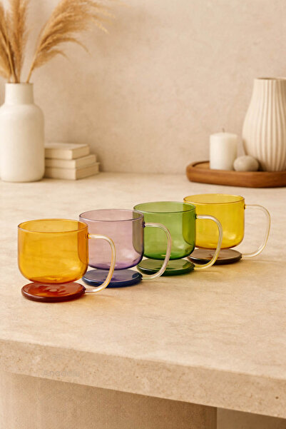 Anadolu Saray Colorful Transparent Glass Cup with Self-Standing Glass Stand M...