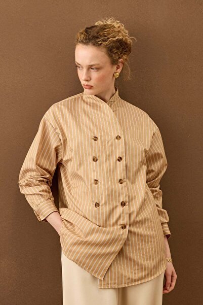 Ceylan Otantik Karamel Striped Mock Neck Retro Shirt