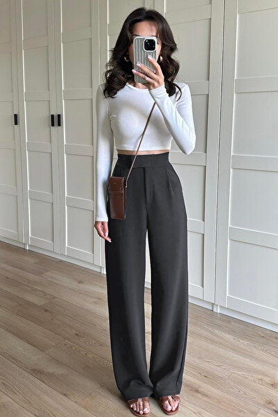 YAKAMEL Women's Elastic High Waist Velcro Palazzo Kr Crepe Umaş Pants