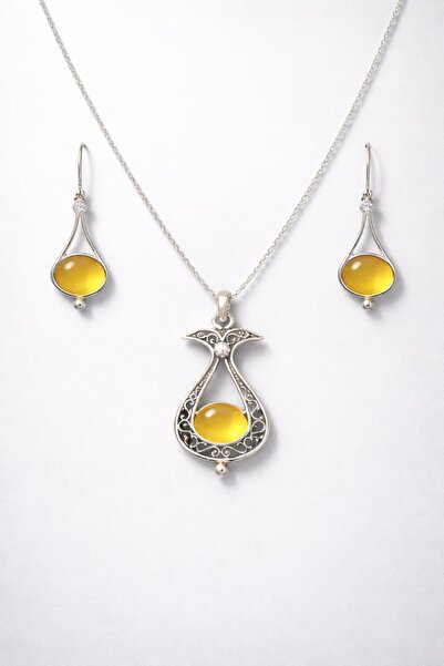 Shoporatr FGN Atölye Sarı Akik Taşlı Lale Motifli 925 Ayar Telkari Gümüş Takı...