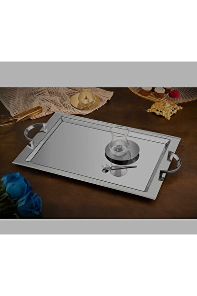 KÜBRAHOME'S صينية شاي تيامو سيلين 32 سم 52 سم فضية