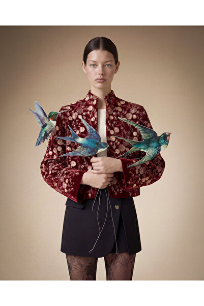 FAAYRA fashionhouse Bordo Kadife Çiçek Nakışlı Kadın Ceket – Premium İşlemeli...