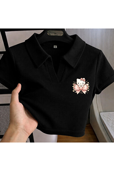 Gofeel Harajuku Summer Black Polo Collar Peach Angel Kitty Cropped