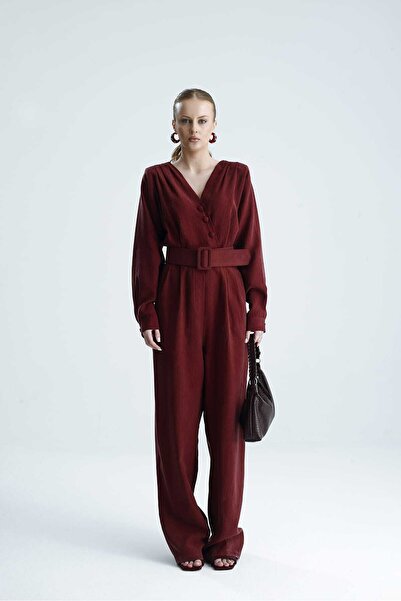 GACA COLLECTION ADARA Kemerli Bordo Kruvaze Yaka Tulum