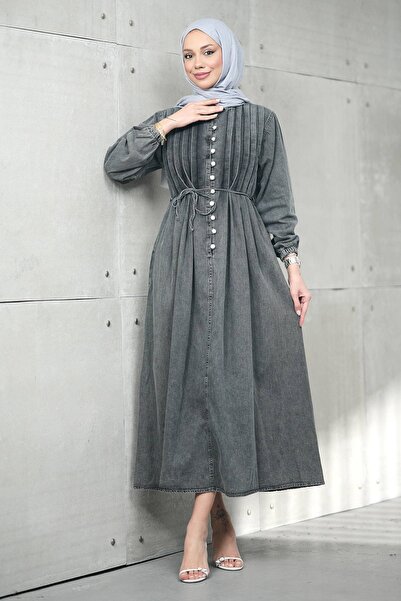 İmajButik Smoked Half-Buttoned Pleated Denim Dress
