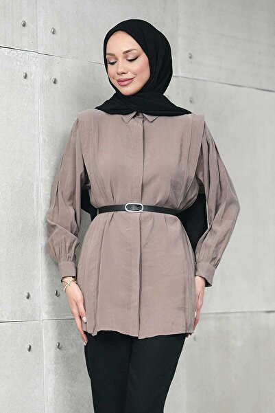 İmajButik Dark Mink Hidden Placket Waist Tunic Shirt, Pack of Belt Modal Woven