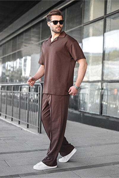 Madmext Bitter Brown Polo Collar Men's Top and Bottom Set E7356