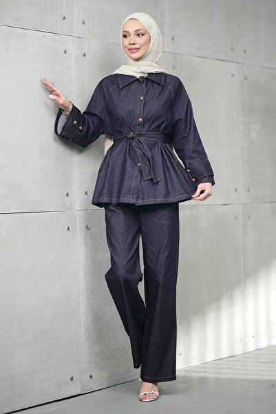 İmajButik طقم جينز مع سترة بحزام بلون البرقوق وبنطلون