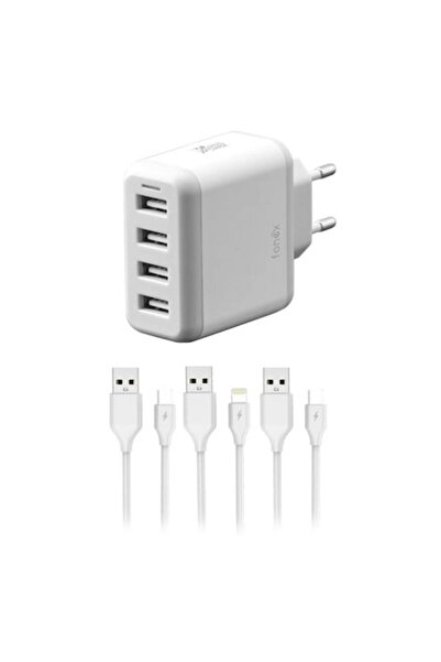 Fonex Smart Charger Kit with 4 USB and 3 included cables, 4.8A, 24W, White -