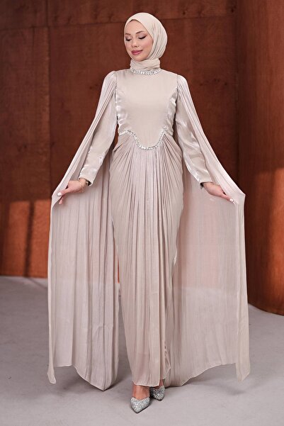 İmajButik Stone Draped Fronted Stone Embellished Evening Dress