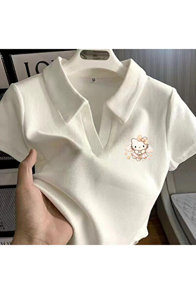 Gofeel Harajuku Yaz Beyaz Polo Yaka Soft Cloud Kitty Crop