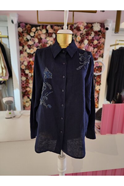 FUAT GÜRSEN kadın lacivert işlemeli gömlek