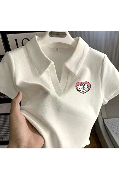 Gofeel Harajuku Summer White Polo Neck Sweet Heart Kitty Cropped