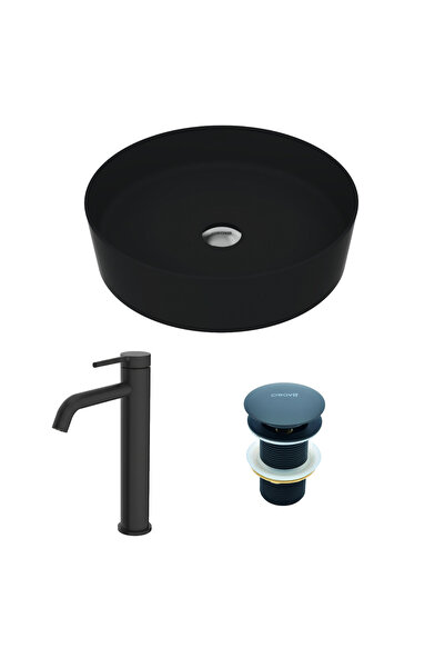 Creavit Loop Siyah Mat Çanak Lavabo Armatür ve Sifon Başlığı Set
