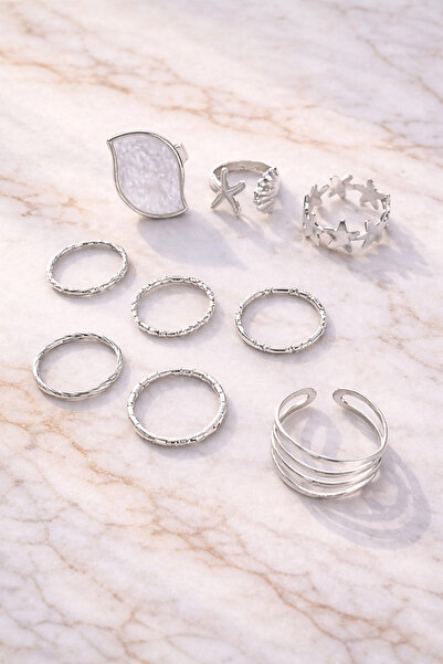 Retrobird Vintage Style Golden Romance 9-Piece Ring Set Women's Silver Color