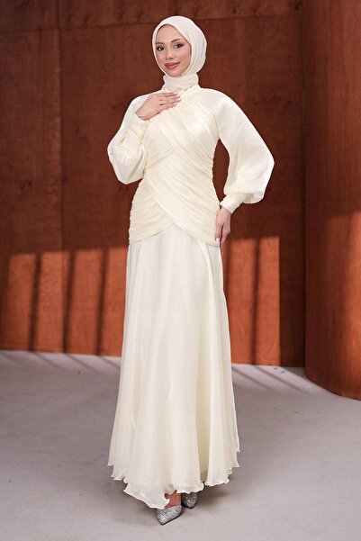 İmajButik Cream-Colored Draped Front Balloon Sleeve Sparkling Evening Dress