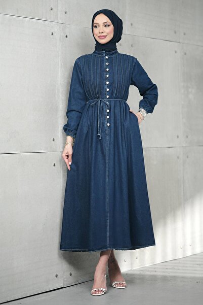 İmajButik Тъмносиня рокля от деним с плисета и половин копчета