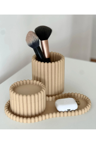 Modern Dekoratif Organizer Seti | Makyaj Fırça Standı ve Masa Üstü Tepsi